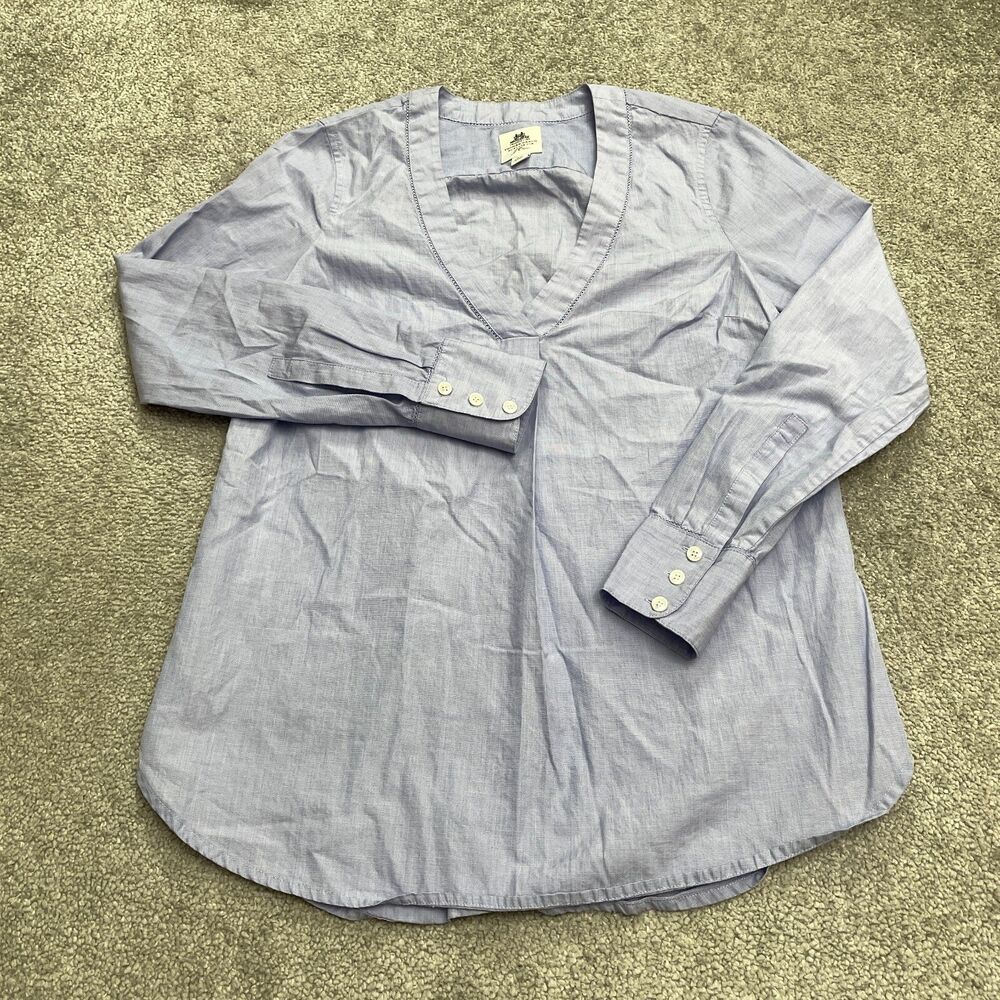 J.Crew Thomas Mason Shirt Blouse Womens 000 Blue V-Neck Long Sleeve Cotton Top